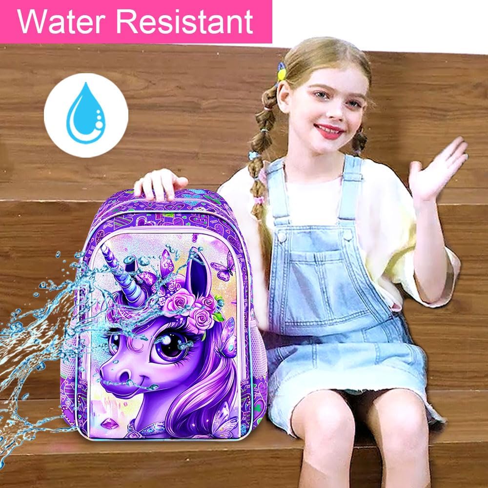HPJGD 3PCS Unicorn Preschool Backpack, Water Resistant Girls Bookbag Set with Lunch Box, Cute Elementary School Bag for Toddler - Diamond Unicorn Purple