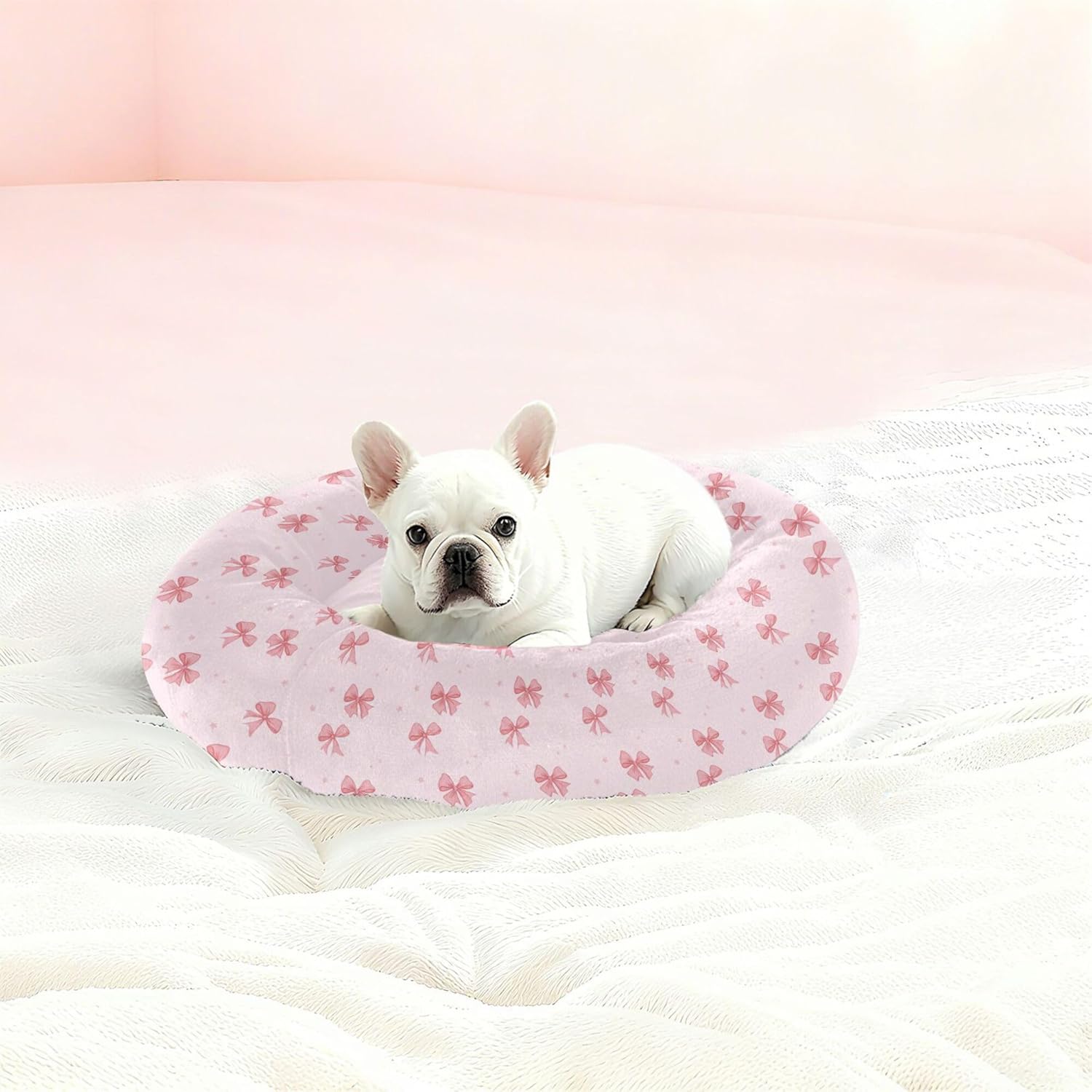 Cute Pink Bow Donut Dog Bed Removable and Washable Small Round Dog Beds Cat Bed Fluffy Super Soft Comfort Pet Bed with Anti-Slip Bottom for Small Medium Dogs Cats 20in