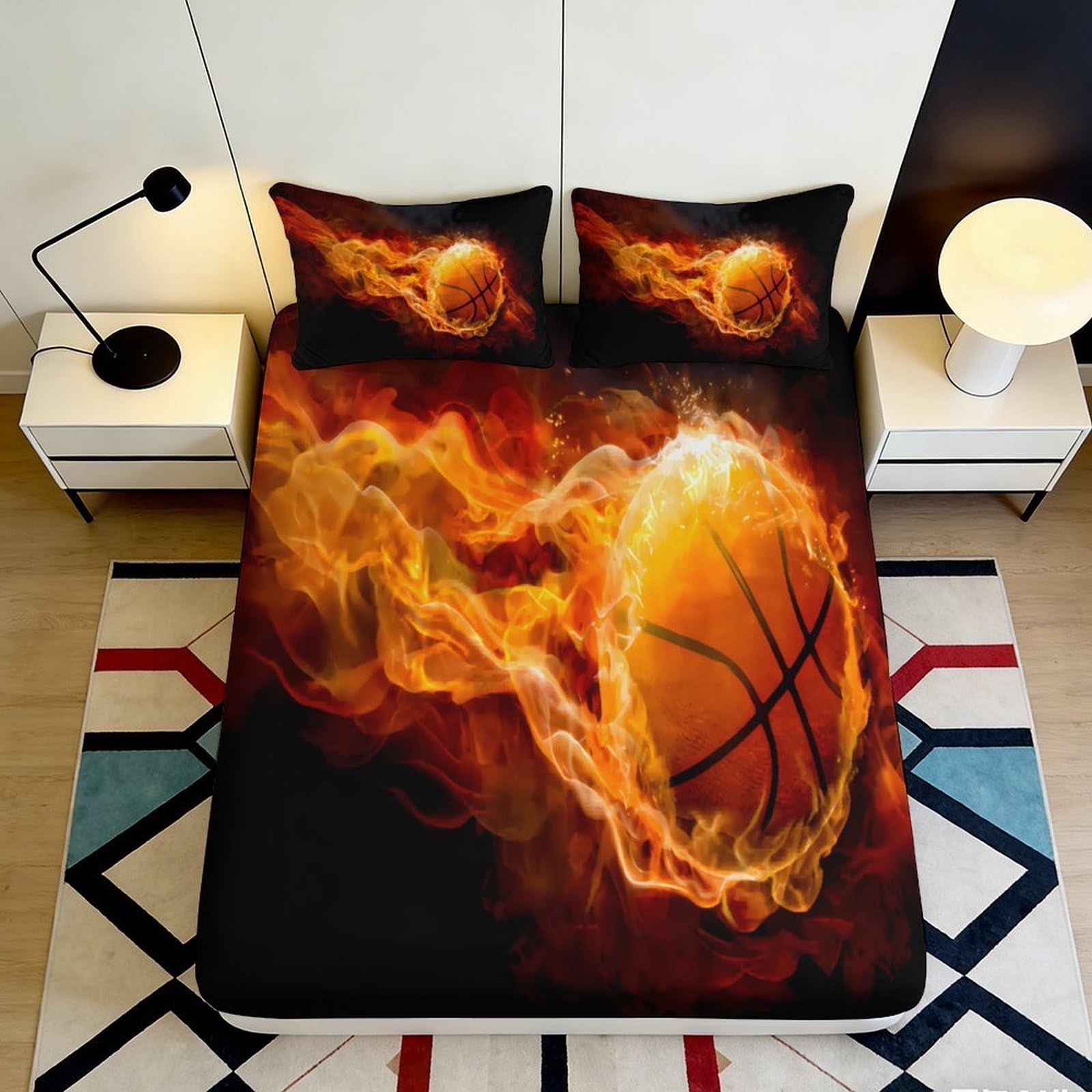 3D Printed Flaming Basketball Fitted Sheet Microfiber Soft Mattress Cover for Bedroom Dorm Bed Decoration 90x200x25cm