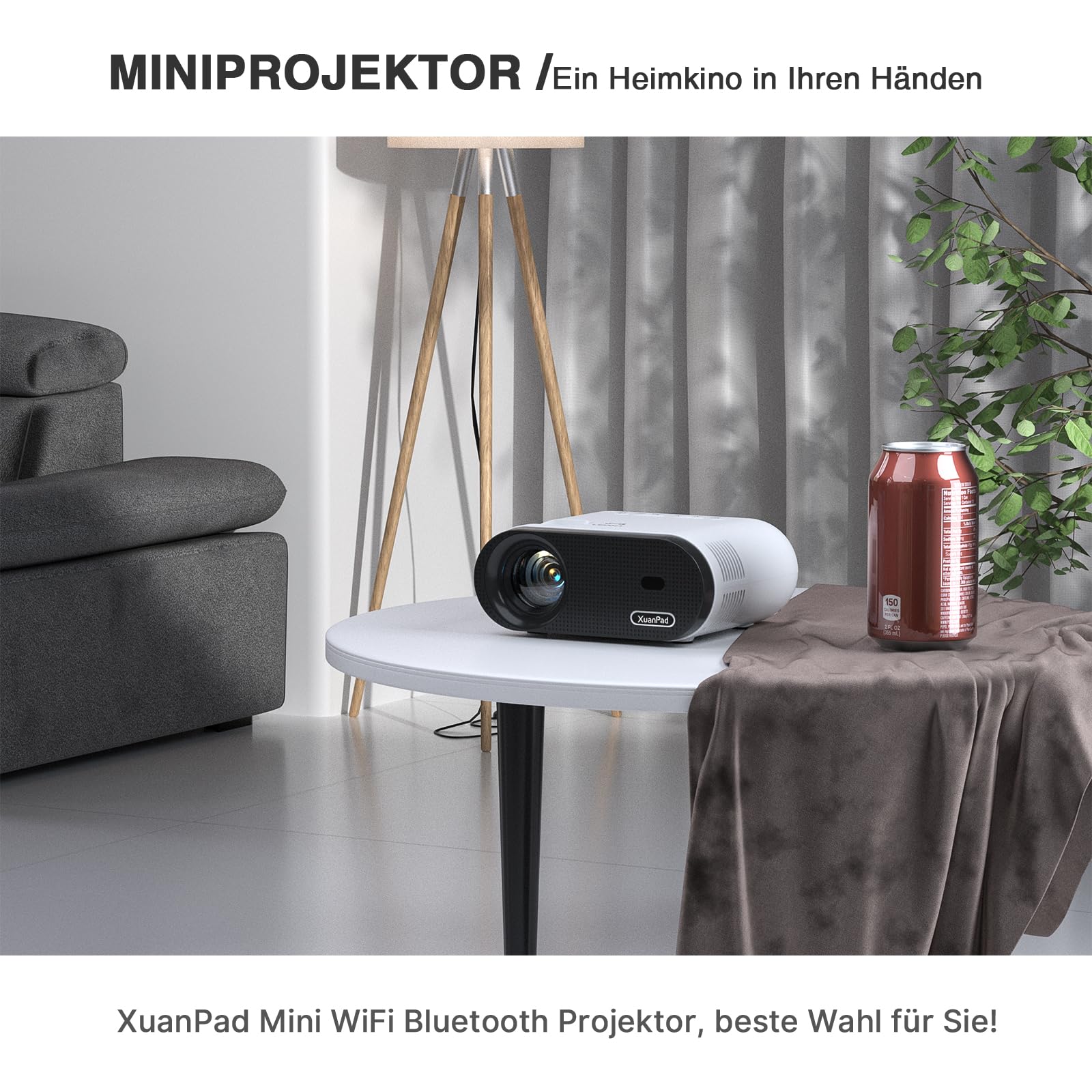 Mini Beamer WiFi Bluetooth, XuanPad 20000L Beamer Klein mit Stativ unterstützt Full HD 1080P, 50% Zoom, ±15° Trapezkorrektur, Mini Projektor Kompatibel mit HDMI, USB, AV, iOS, Android, PC, TV-Stick
