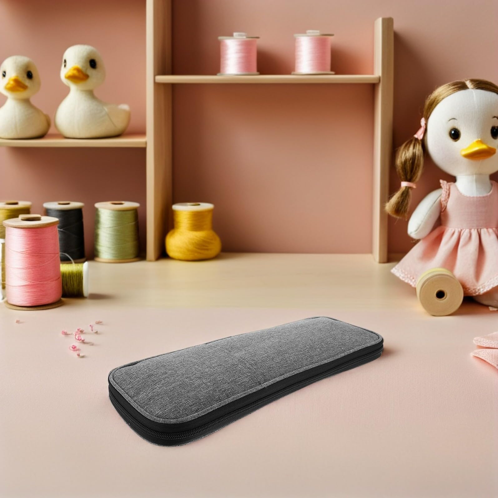 Estuche para Agujas de Crochet Portátil de Tela Oxford Gris, Organizador Multifuncional para Manualidades y Costura, Bolsa Larga para Agujas de Tejer de 35 Cm, Almacenamiento