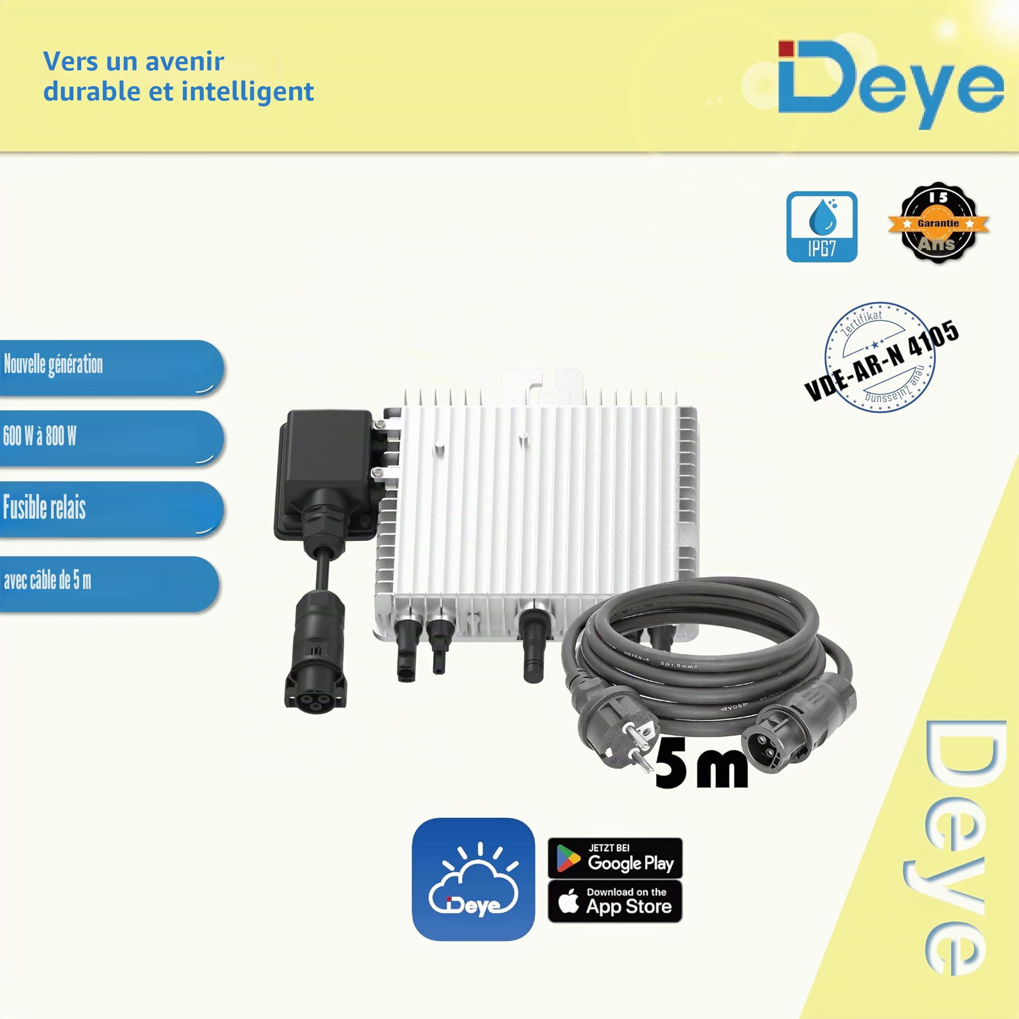 home Trends® Deye SUN-M80G4-EU-Q0 Micro onduleur nouvelle génération 800 W Ralais externe Solar PV avec câble Schuko de 5 m