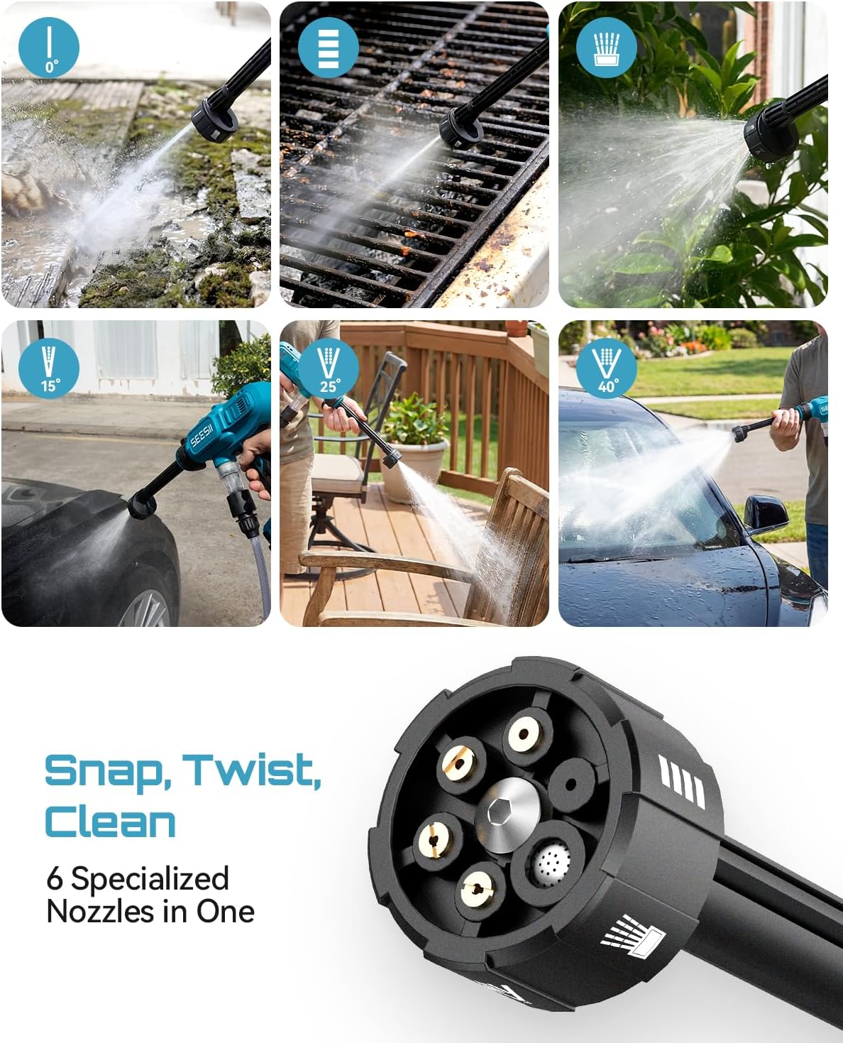SEESII Cordless Pressure Washer Battery Powered，4000mAh Battery High Pressure Power Washer with 6-in-1 Nozzle & Foam Cannon for Car, Home, Garden, Patio and Fence Cleaning