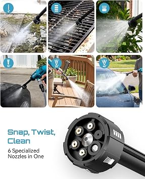 SEESII Cordless Pressure Washer 1250PSI, Portable Power Washer | High Pressure, 2x4000mAh Batteries, Brushless Motor, 27FT Hose & 6-in-1 Nozzle for Car, Driveway, Garden, Patio & Fence