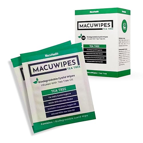 MacuHealth MacuWipes Tea Tree  Toallitas de párpados prehumedecidas para ojos secos, blefaritis y ojos doloridos, removedor de maquillaje de ojos,