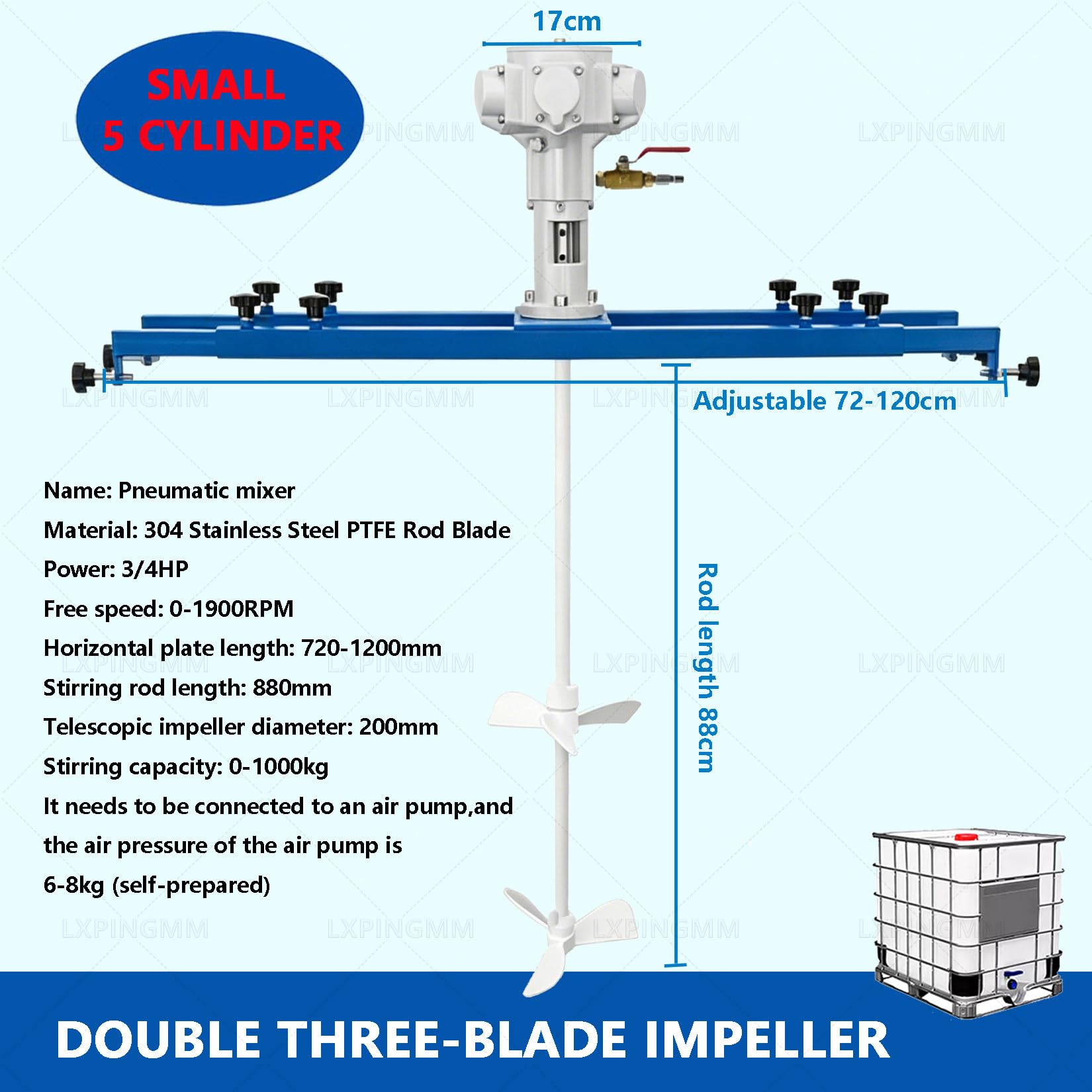 Mezcladora neumática para contenedores IBC y bidones Small5Cylinder | con Soporte Telescópico 72-120cm,Eje de agitación y paletas de acero inoxidable 304 recubiertos de PTFE,para Pintura,Tintas