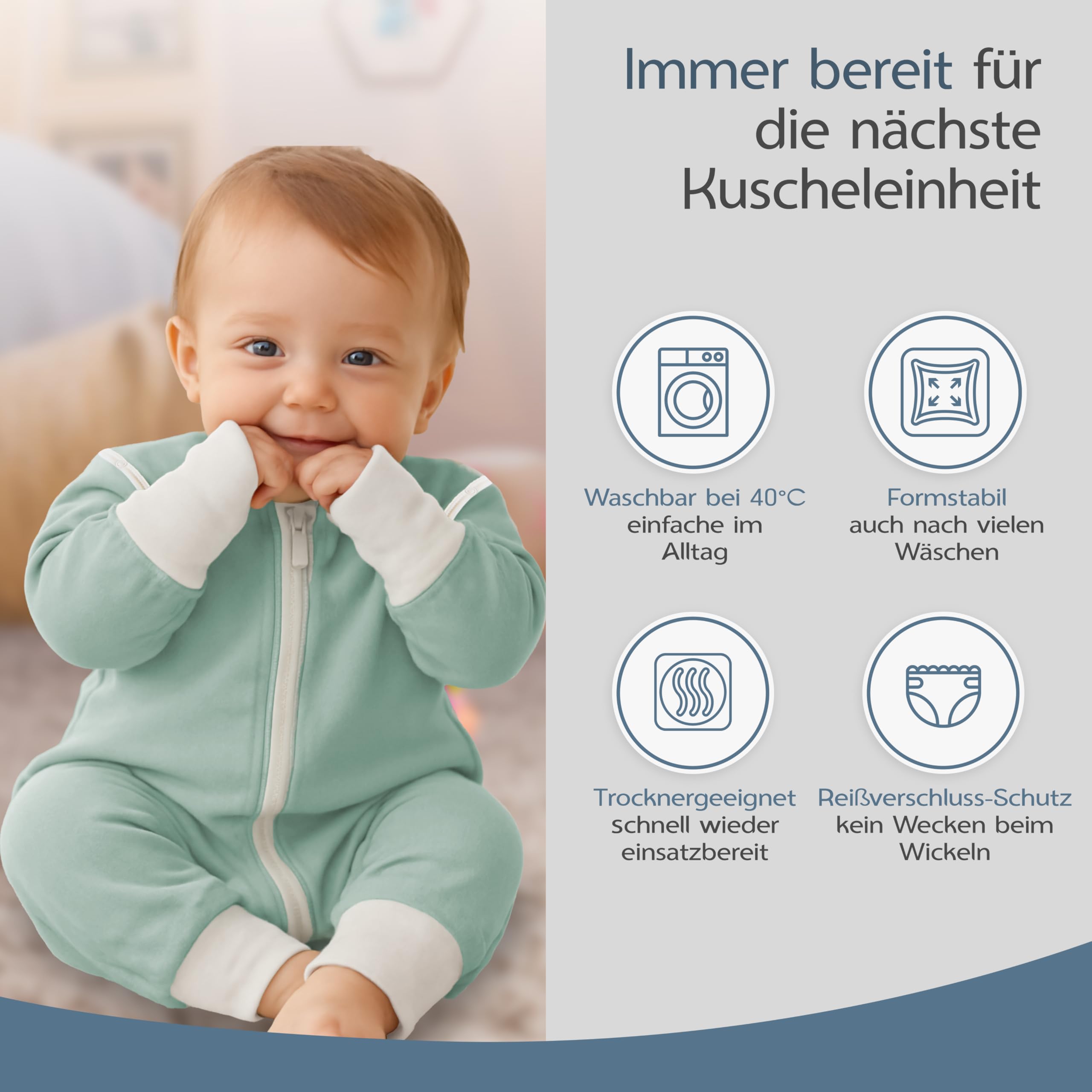 Saco de dormir para bebé con pies 0,5 TOG – Verano y entretiempo – 100% algodón orgánico GOTS – Saco de dormir para bebé con mangas desmontables y puños plegables (Verde mar, 104/110)