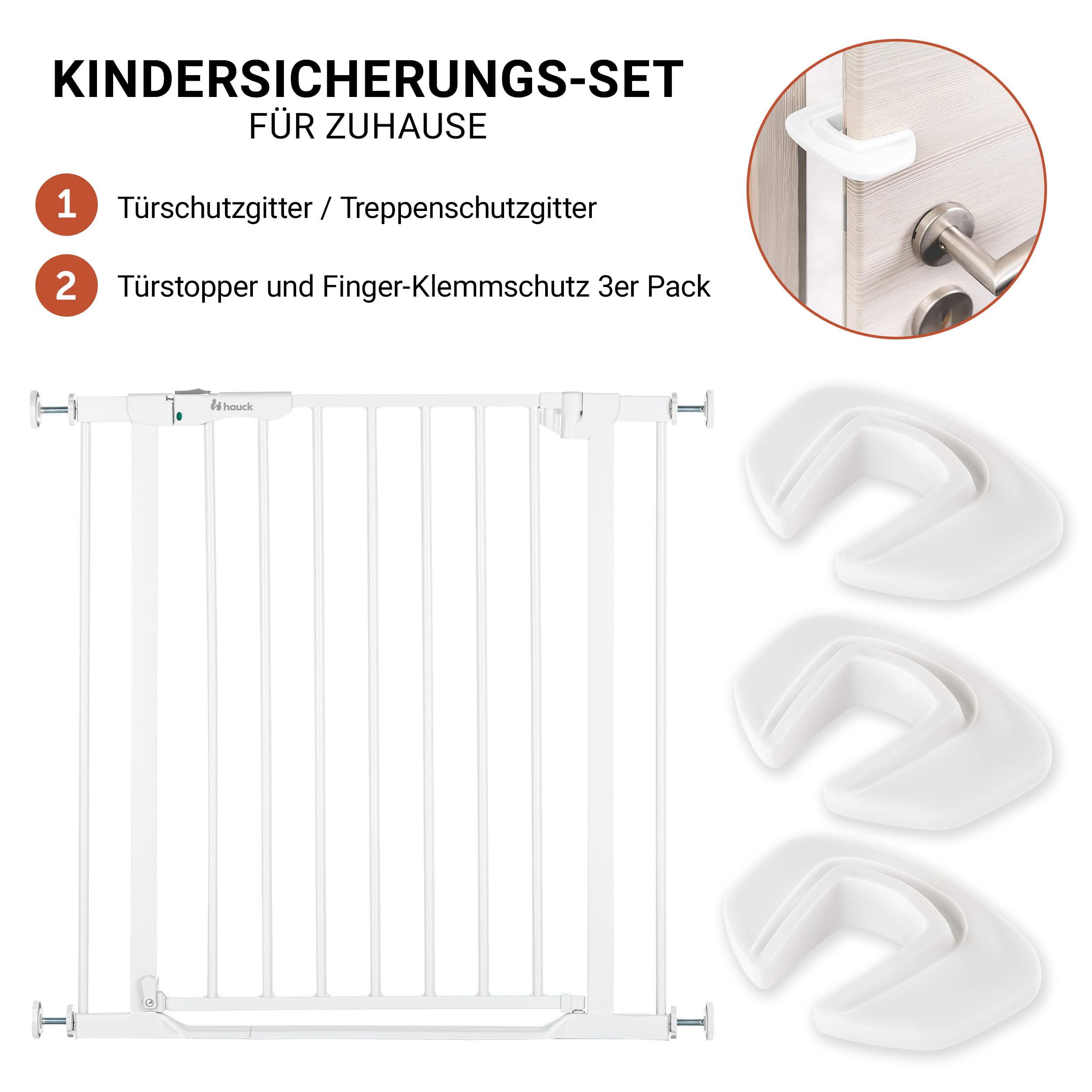 hauck Treppenschutzgitter Set Clear Step Autoclose 2 für Breiten 75-80 cm mit 3X Türstopper | Türschutzgitter mit fllacher Schwelle & Auto Schließmechanismus, ohne Bohren - Weiß