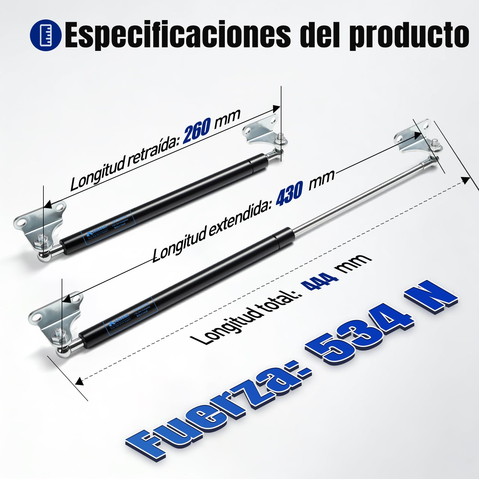 ARANA muelles de gas amortiguadores 430mm 534N/54KG con soporte, 2ud | 43cm Muelle de gas con soporte hidráulico para tapas, autocaravanas, cubos, ventanas y escotillas.