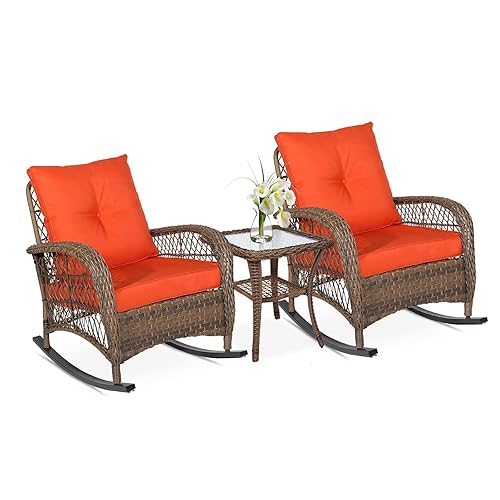 VIVIJASON 3-Piece Outdoor Conversation Bistro Set, Patio Wicker Rocking Chairs