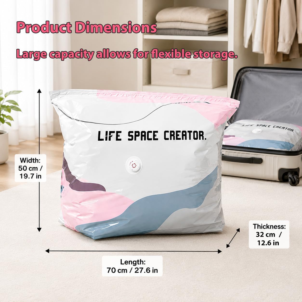 4Pcs No Pump Vacuum Storage Bags, Large Better Life Space Bags Cube Capacity Vacuum Bags for Clothes Bedding Comforters Off‑Season Gear (Pink white)