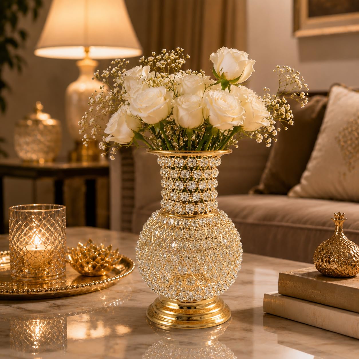 Luxury Gold Crystal Flower Vase with Tealight Holder | Decorative Centerpiece for Living Room, Wedding | Premium Gift Item-image-34