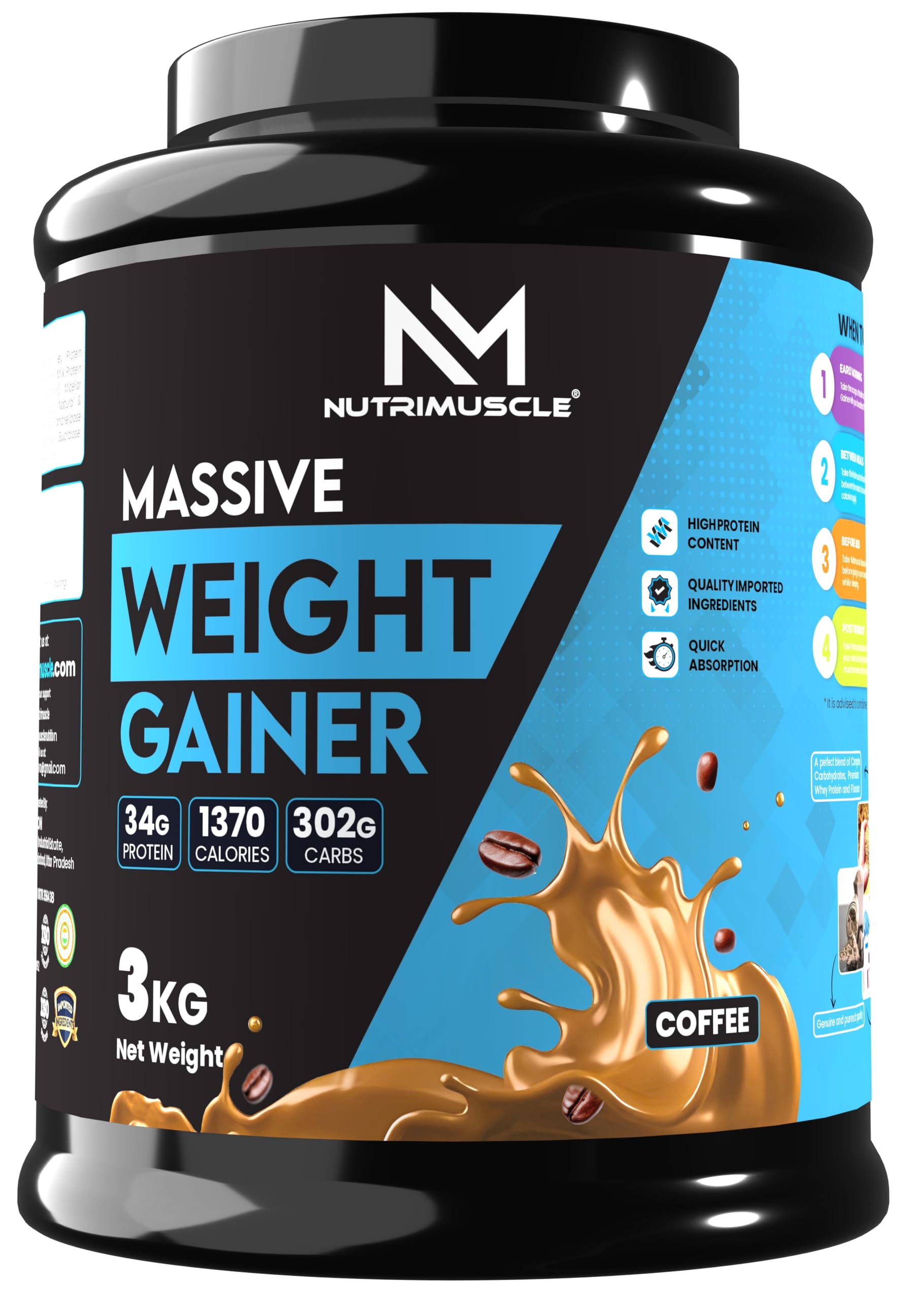 Nutrimuscle Massive Weight Gainer - 3 Kgs - Coffee Flavour For Weight & Mass Gain - Contains Complex Carbohydrates