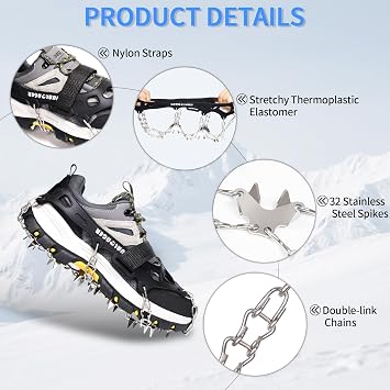 Crampons Ice Cleats Traction,Ice Snow Grips for Boots and Shoes,Anti-slip Ice Shoe Crampons with Stainless Steel Spikes,Ice Snow Spikes for Walking,Hiking,Climbing,Fishing,Mountaineering