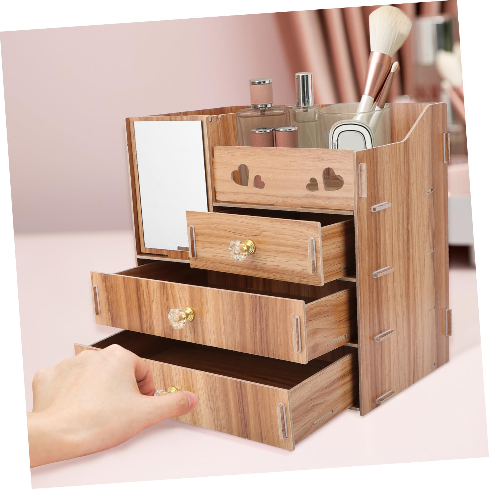 Boîte de Rangement Cosmétique en Bois Miroir et Tiroirs