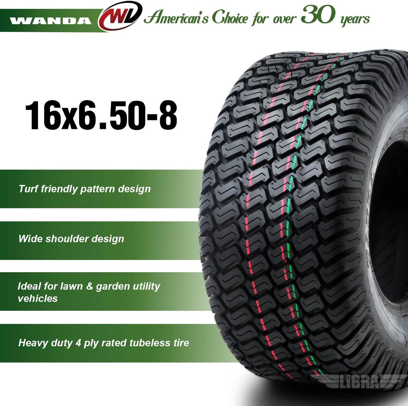 WANDA Set 2 16x6.50-8 Lawn Mower Tractor Cart Turf Tires 16x6.5x8 P332-13019