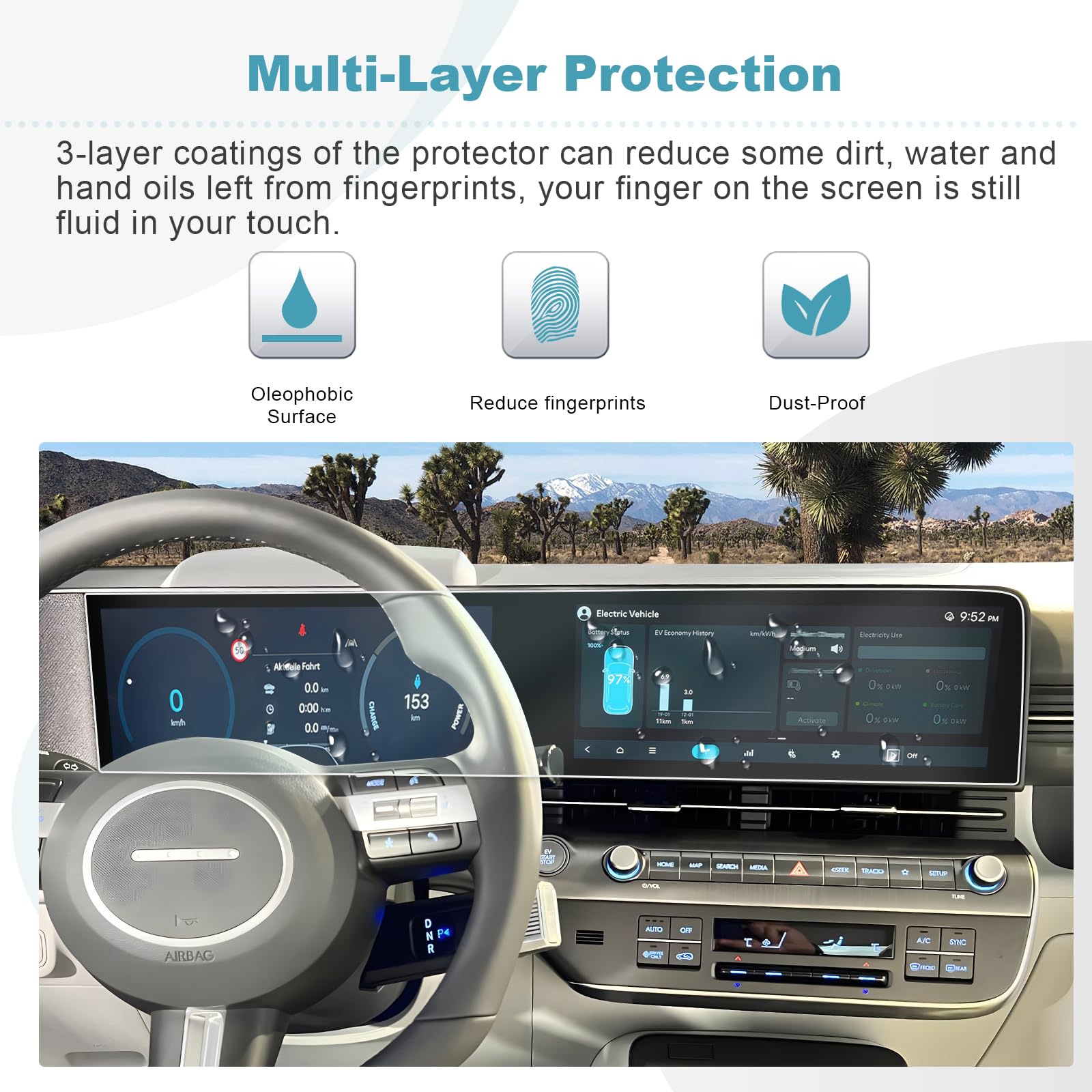 CDEFG Compatible con Hyundai Kona SX2 2024-2026 EV Navegación y Panel de Instrumentos Película Protectora 12,3 pulgadas GPS Protector de Pantalla Navi Película Accesorios 2 Piezas