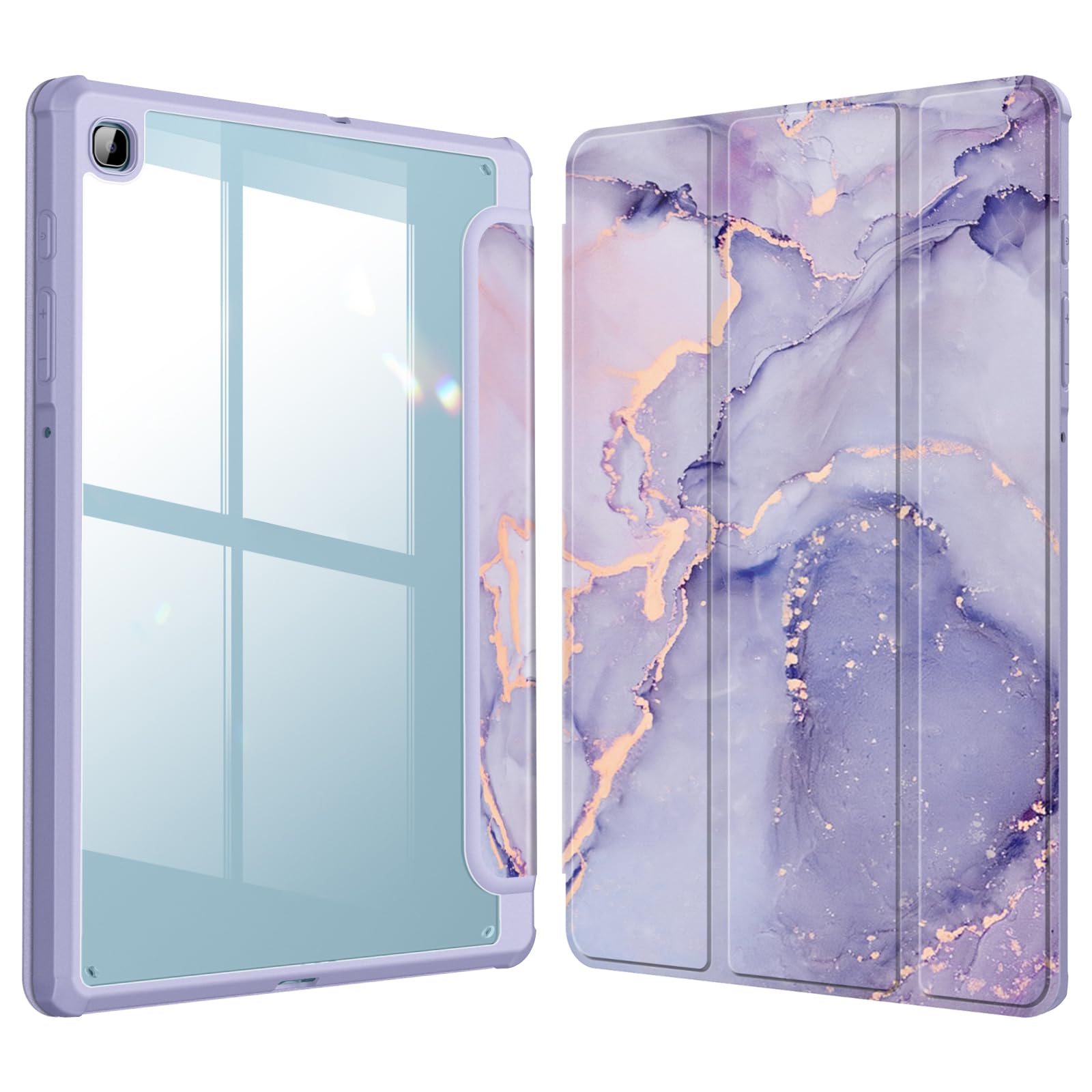 Fintie Hybrid Hülle für Samsung Galaxy Tab S6 Lite 10,4 Zoll 2024/2022/2020 Tablet - Stoßfeste Schutzhülle mit Transparent Hartschale und Stifthalter, Lila Marmor