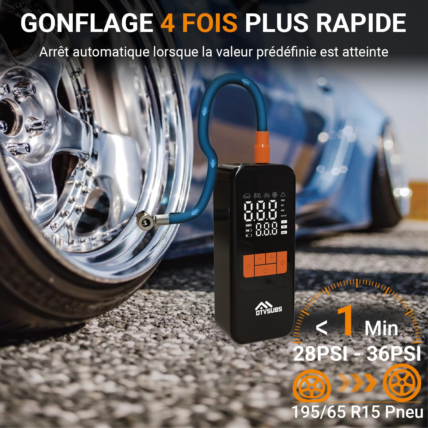 Compresseur d'Air Portatif 10,3 Bar/150 PSI, Gonfleur Pneus Voiture Mini | Pompe À Velo Électrique Gonflage Rapide, Gonfleur Pneu Sans Fil avec Batterie 4000mAh PowerBank, LED et Arrêt Automatique