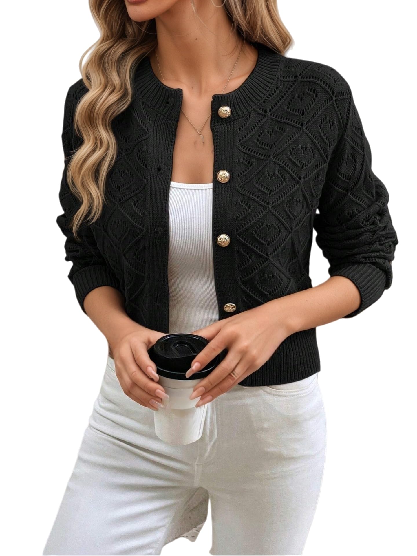Générique Gilet en Maille pour Femme Style Crochet Ajouré Col Rond Manches Longues Léger Fermeture Boutonnée Coupe Courte Idéal pour Le Printemps Le Bureau Ou L'Automne