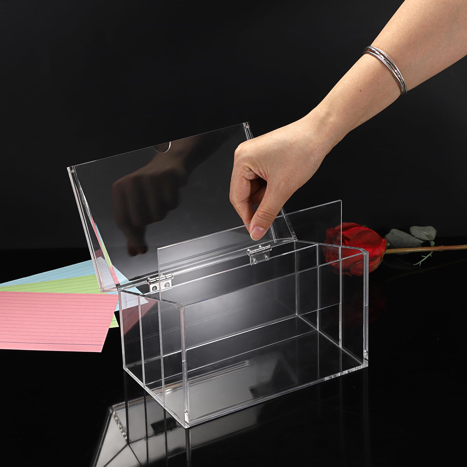 BTSKY Karteikasten aus transparentem Acryl, 12,7 x 20,3 cm, mit Schilddeckel und herausnehmbaren Einsätzen, unterteilter 3-Fächer, Karteikartenhalter, Notizkarten-Box, Foto-Aufbewahrungs-Organizer zum