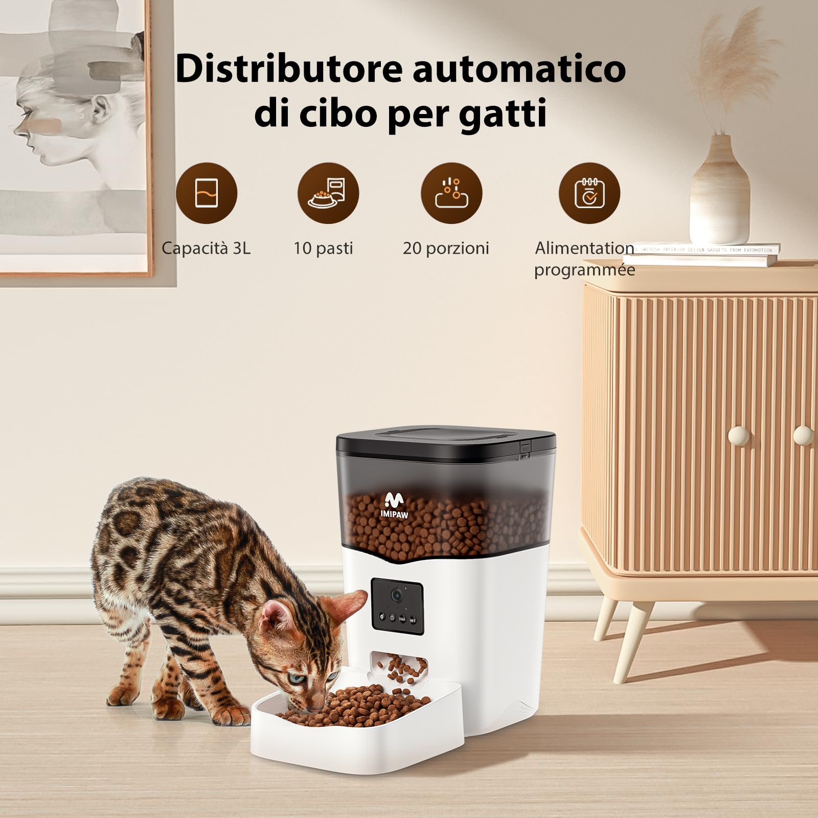 IMIPAW Distributore Automatico Cibo Gatti 5G WiFi con Telecamera, 1080P HD, Tecnologia Anti Intasamento, Dispenser Automatico Cibo per Animali con Controllo APP (Bianco, 3L)