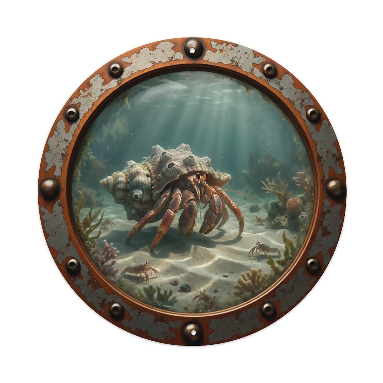 Odgynaw 8X8inch(20X20cm) Vintage Porthole Hermit Crab Nautical Window View Metal Tin Sign