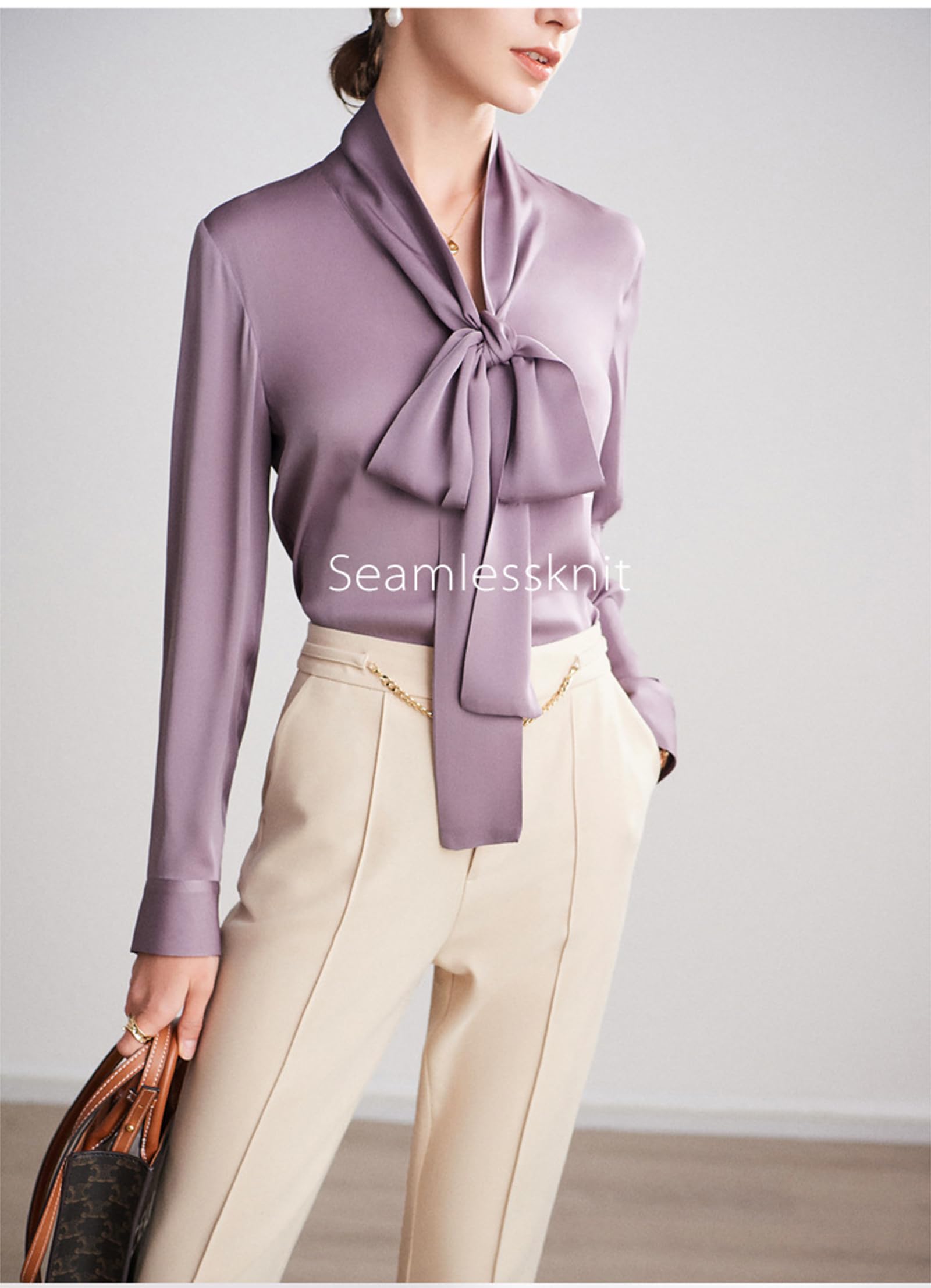 Blusa de Seda para Mujer Camisa Formal de Manga Larga con Cuello de Pajarita Abotonada Blusas de Lujo de Oficina Frescas y Suaves de Seda Pura