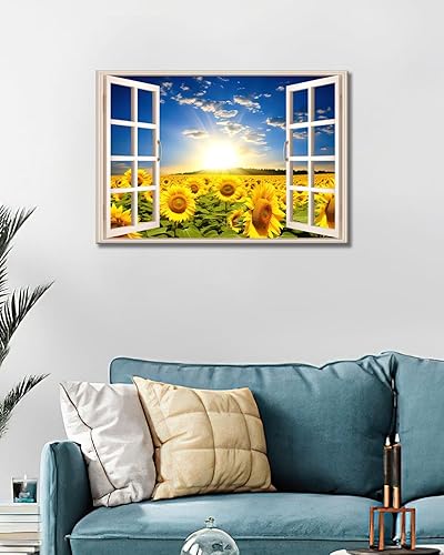 Miniatura 5 de GLOKAKA Decoración artística de pared de girasol, vista de campo de girasol y paisaje de cielo azul, arte de pared de naturaleza, cuadros de flores