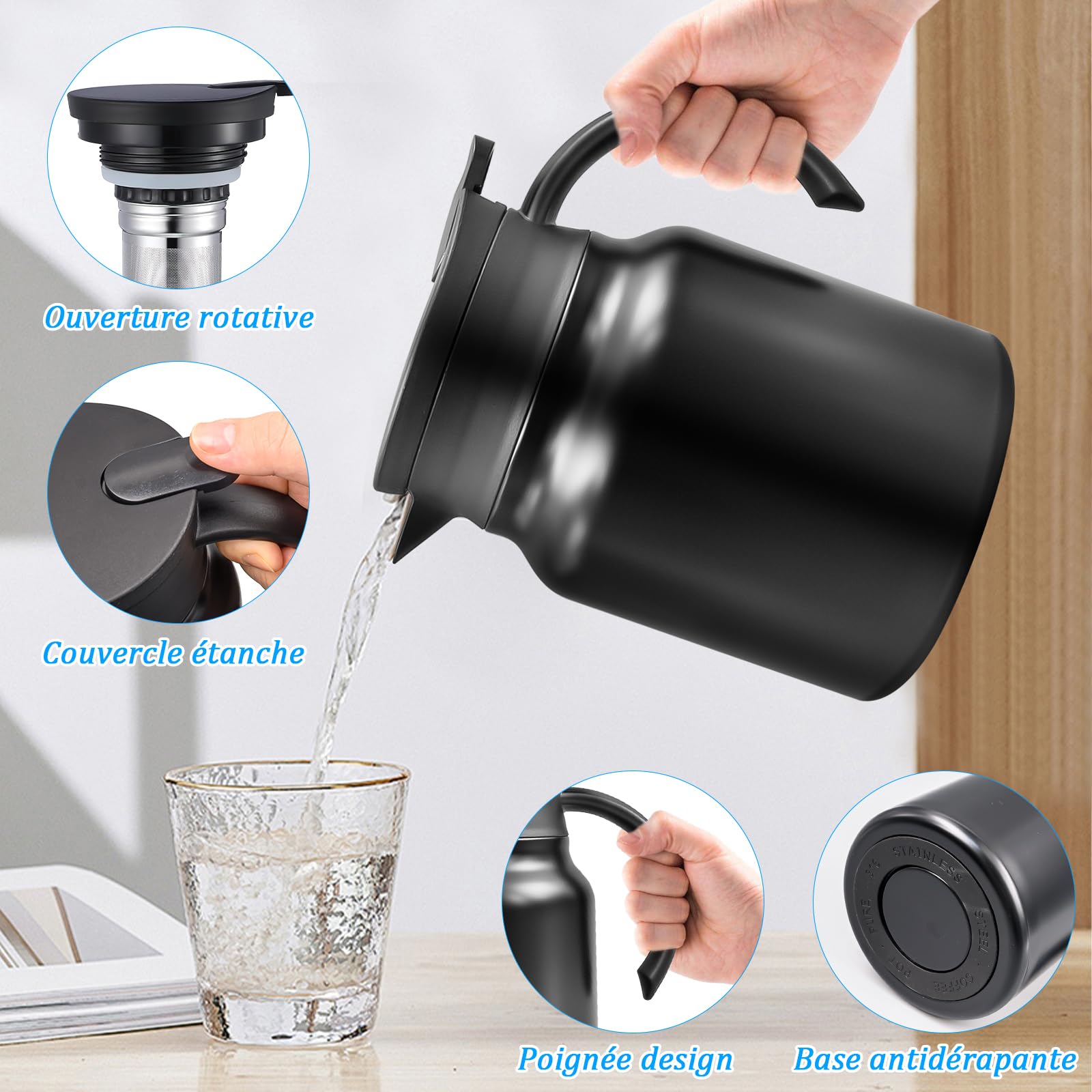 Juego de 2 jarras isotérmicas de café de 1 litros – Cafeteras de acero inoxidable de doble pared con filtro extraíble – Teteras de aislamiento al vacío – negro mate
