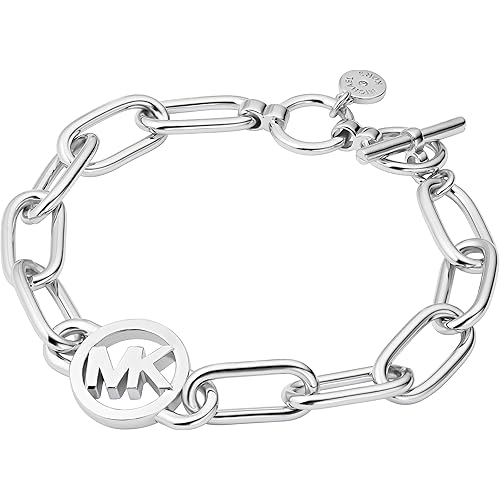 Michael Kors Brass MK Logo Chain Bracelet for Women, Color: Silver (Model: MKJ7744040)