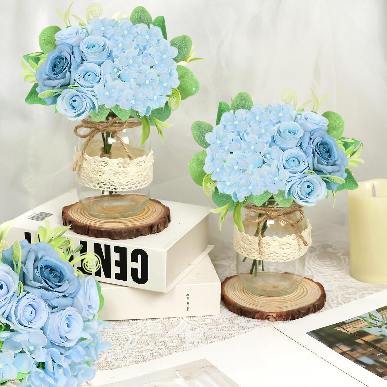 Set 10 Mason Jar Table Centerpiece - Wedding Centerpieces for Tables, Mason Jar Flower Centerpiece Vases Decor- Boho Farmhouse Rustic for Engagement, Bridal Shower, Wedding, Versatile Decor (Blue)