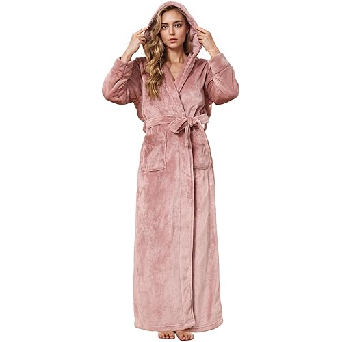 Hellomamma Long Hooded Robe for Women Luxurious Flannel Fleece Full Length Bathrobe Winter Warm Pajamas Shower Nightgown