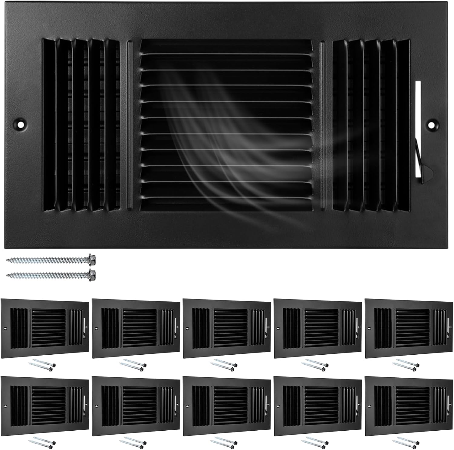 Wesiti 10 Pcs 12 x 6 Inch Vent Covers for Home Ceiling HVAC Sidewall Air Register 3 Way Vents Wall Register Solid Steel Manual Adjuster for Home Bathroom Toilet Office (Black) 10 Black