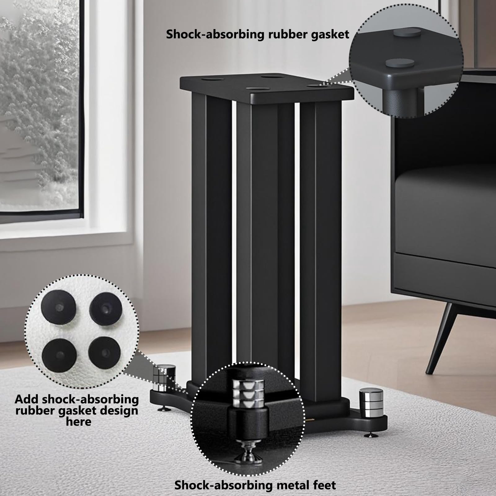 2er-Set lautsprecherständer, Stahlrahmenstütze Lautsprecher Stand für Lautsprecher mit bis zu 40KG, Vibrationsabsorbierendes MDF-Design, Verbessern Sie die Klangqualität (Black, 60cm)