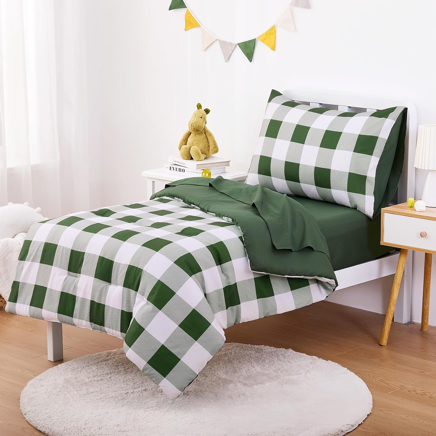 Wake In Cloud - Gingham Toddler Bedding Set for Girls Boys, Cute Plaid Buffalo Check, 4 Pieces Soft Crib Bed Set Including Comforter, Sheets and Pillowcase, Olive Green