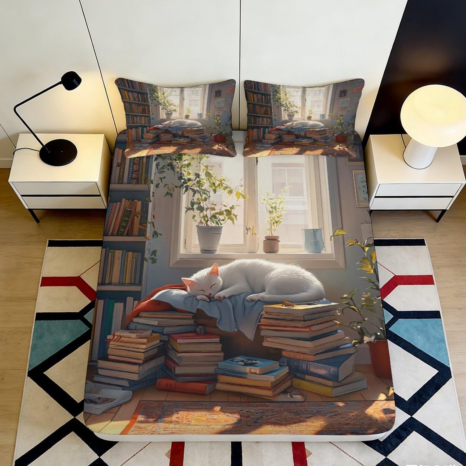 3D Printed Cat and Bookshelf Fitted Sheet Microfiber Deep Pocket for Bedroom Bedding Cat Bookroom Mattress Fitted Cover Washable 200x200x25cm 90x200x25cm