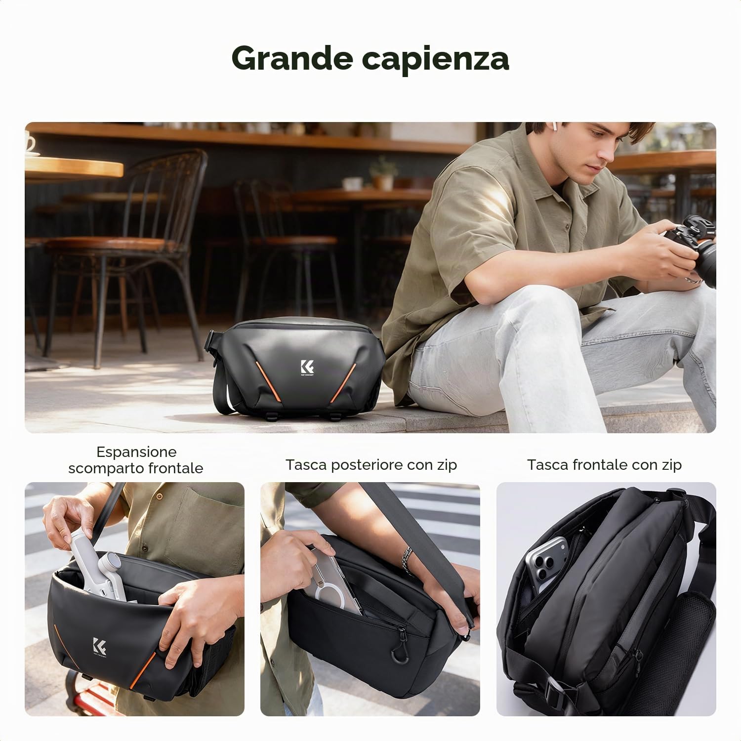K&F CONCEPT Borsa a tracolla per fotocamera, borsa fotografica con tasca frontale semi-aperta. Compatibile con fotocamere e obiettivi