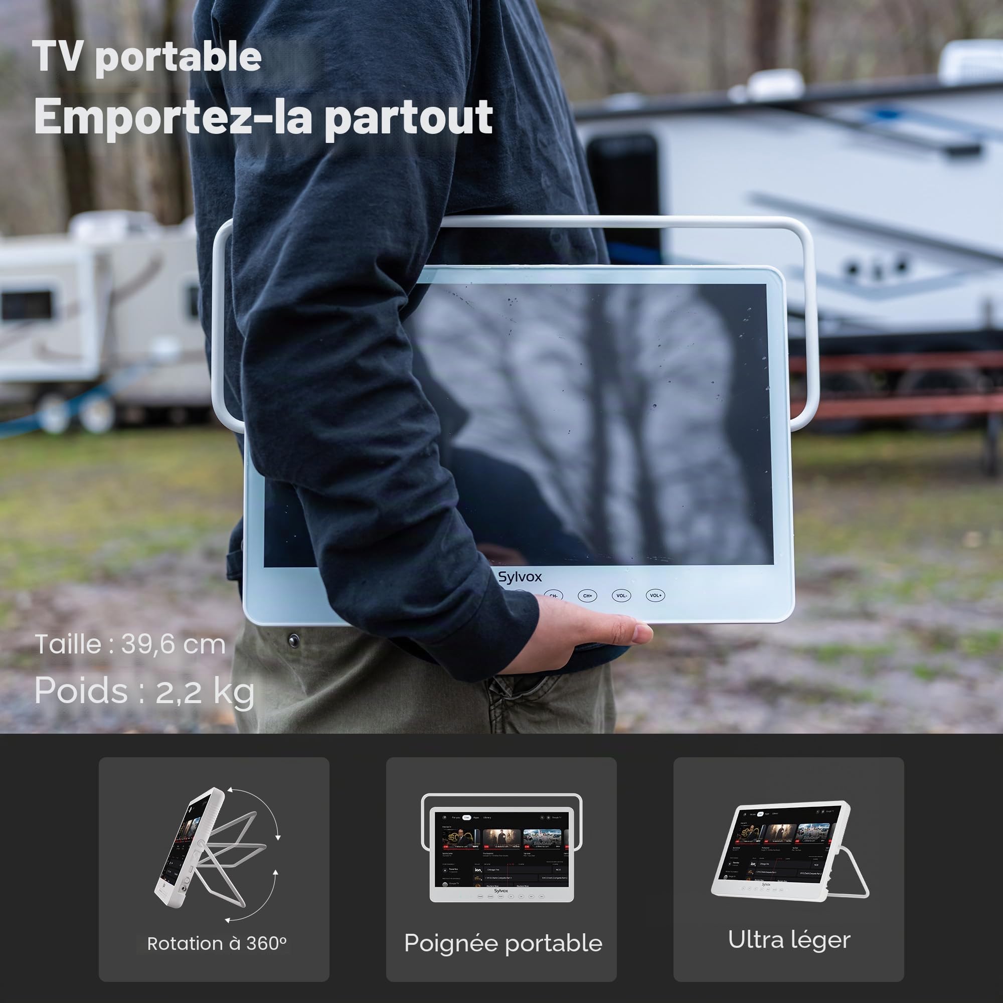 SYLVOX 15,6 Pouces Téléviseur Portable, Smart Google TV IP66 Étanche | Mini TV 1080P FHD Girevole 360°avec Poignée | DVB-C/T/T2/S2 | USB/HDMI -10000mAh (4-6 Heures) pour Camping, Chambre, Cuisine