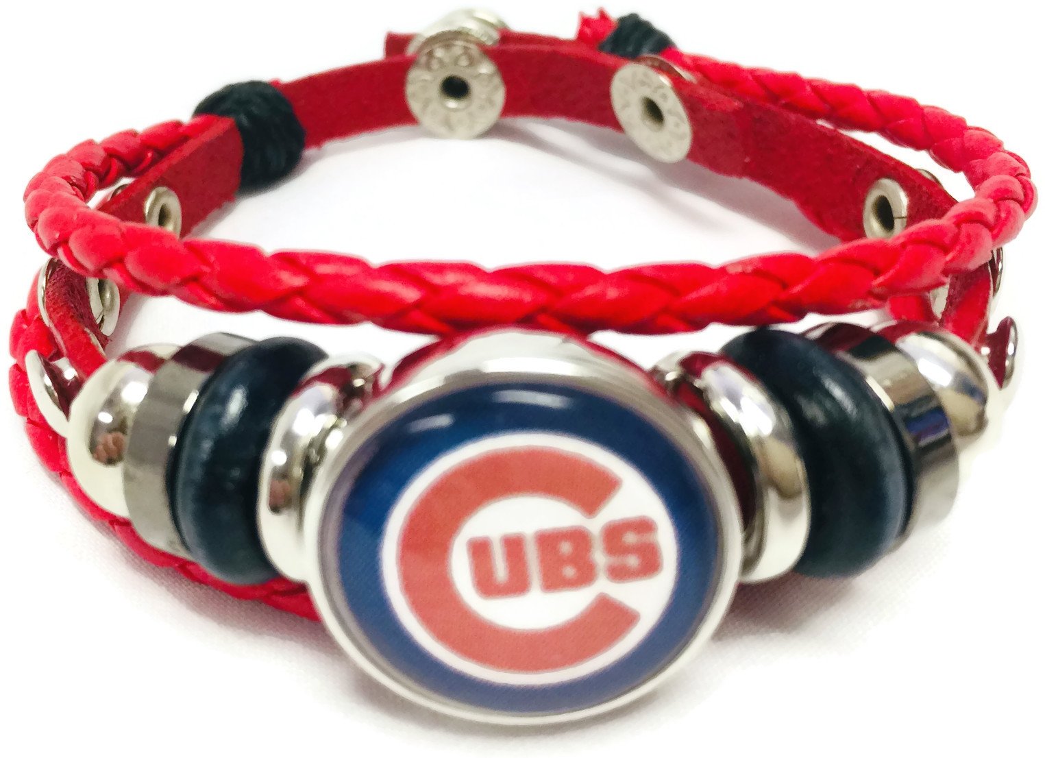 Fashion Snap Jewelry MLB Chicago Cubs Logo Red Leather Bracelet W/Extra 18MM - 20MM Charm Baseball Fans