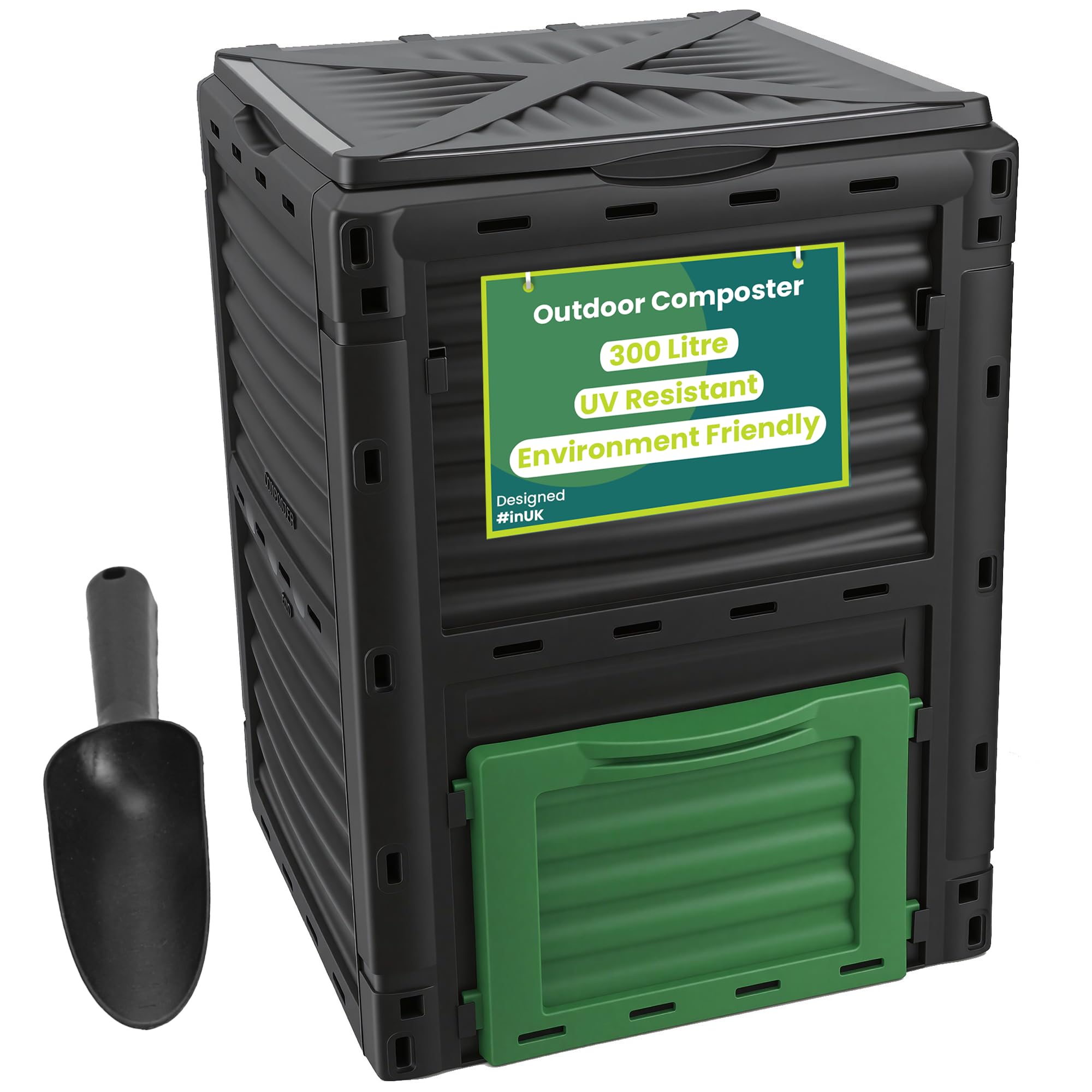 My Garden Compost Bin 300L with Spatula - Garden Composter Weather Resistant Outdoor Compost Bin - Easy to Assemble Large Capacity Compost & Yard Waste Container