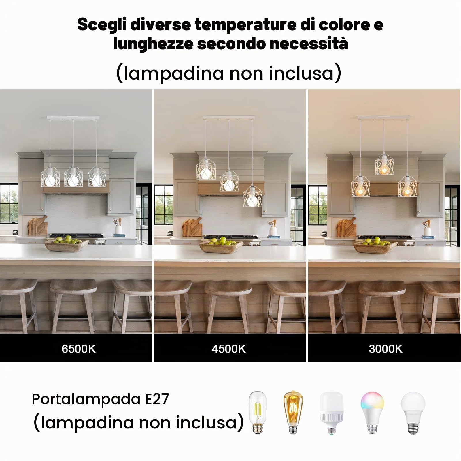 3 Luci Lampada a Sospensione Vintage, E27 Lampadario Industriale | Bianco Metallo, Lampadario da Soffitto Moderno a Forma di Gabbia per Camera da Letto, Cucina, Sala da Pranzo Soggiorno