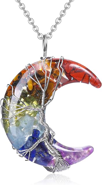 CrystalTears Chakra Crystal Necklace Tree of Life Wire Wrapped Moon Gemstone Pendant Resin Reiki Healing Quartz Crystal Stone Necklaces Jewelry for Women Valentines Gift for Her Girlfriend Wife