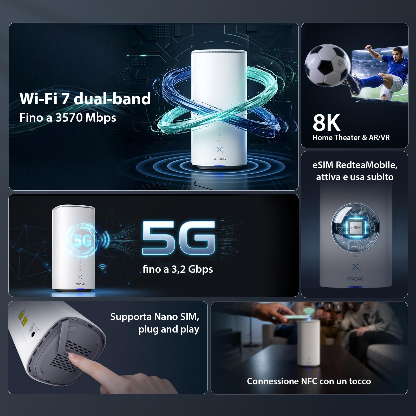 STRONG Router 5G con SIM, WiFi 7 BE3600 Dual Band, Router WiFi con SIM fino a 3,2 Gbps, Gigabit LAN/WAN, WAN Backup, NFC One-Tap, 8K Streaming, Router per Casa e Ufficio | Router WiFi con SIM fino a 3,2 Gbps, Gigabit LAN/WAN, WAN Backup, NFC One-Tap, 8K S