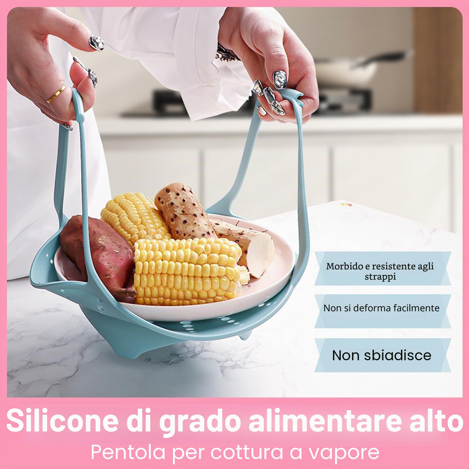 Cestino per cottura a vapore in silicone con design pieghevole per verdure, compatibile con pentole istantanee, riutilizzabile, antiaderente, senza BPA, blu