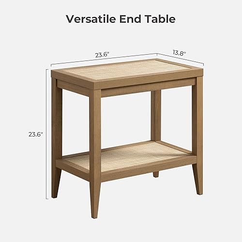 Miniatura 2 de SICOTAS Mesita de noche bohemia de ratán  Mesa auxiliar estrecha para sala de estar  Mesas auxiliares decorativas con 2 estantes de almacenamiento