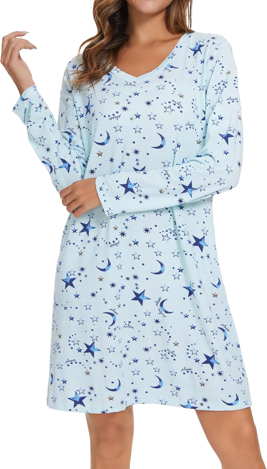 2 Pack Long Sleeve Nightgowns for Women Soft Cotton Night Gowns Sleepwear V Neck Nightshirts - Image 6