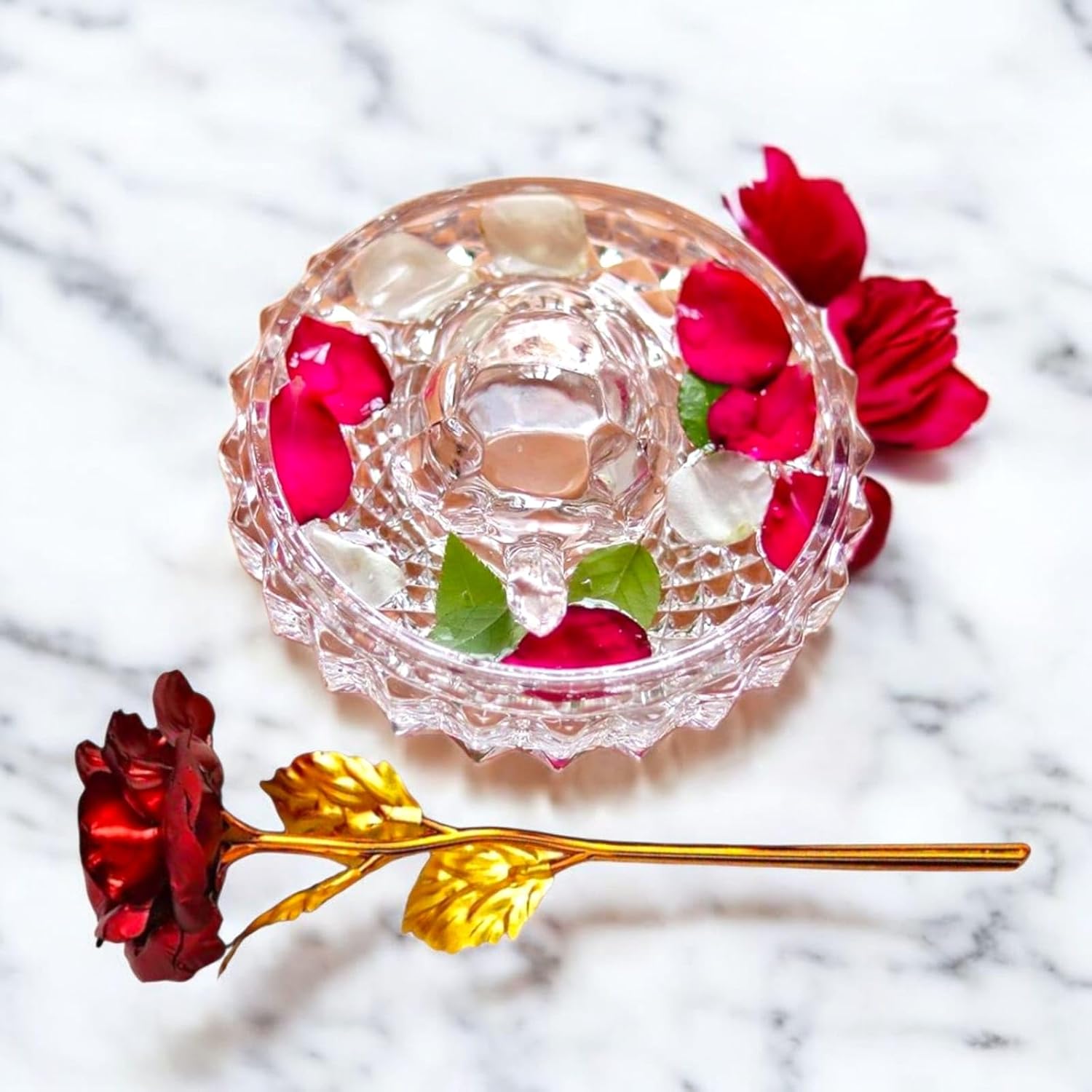SAUDEEP INDIA Crystal Turtle with Decorative Plate and Artificial Rose Valentine Gift Set | Feng Shui Tortoise Showpiece for Home Decor | Romantic Love Gift for Wife Girlfriend Anniversary Wedding