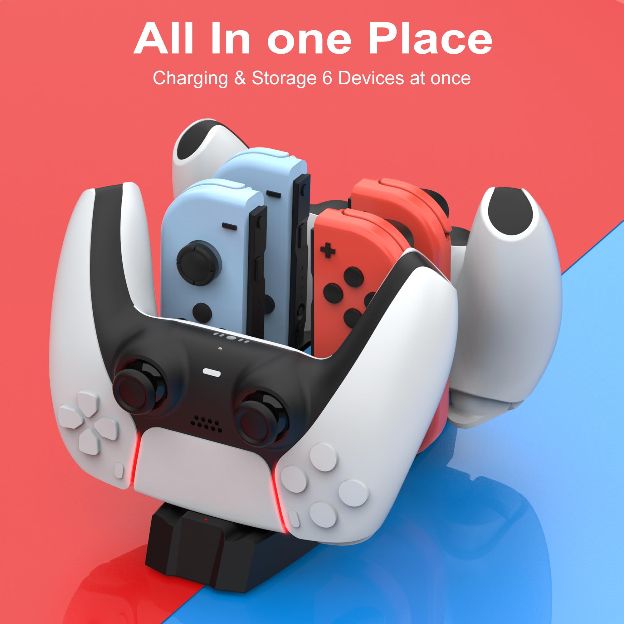iPLYGAM Dock di ricarica per controller Nintendo Switch Pro, JoyCon, dock di ricarica con indicatore LED e cavo di ricarica per controller PS5, supporto di ricarica per gamepad 6 in 1