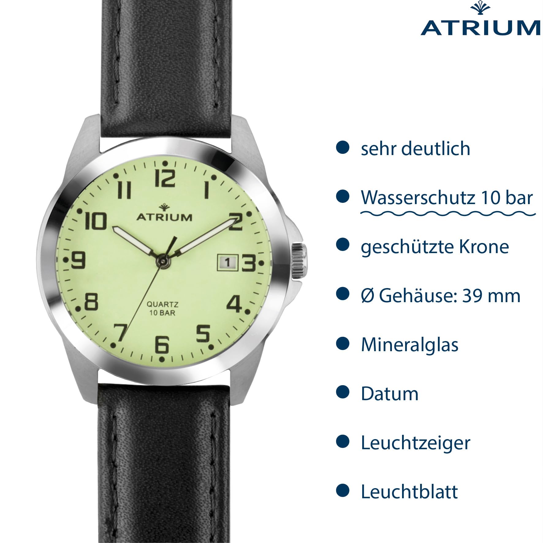 Atrium Herren-Armbanduhr Edelstahl silberfarben Analog Quarz 10 bar mit Datum, Leuchtzeiger, sehr deutliches Zifferblatt Hellgrün Leuchtblatt und Lederband schwarz A16-12
